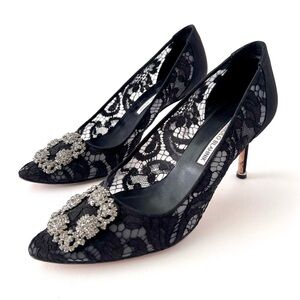 MANOLO BLAHNIK | Hangisi Black Lace Jewel Buckle Embellished Pump Heel EU 40.5